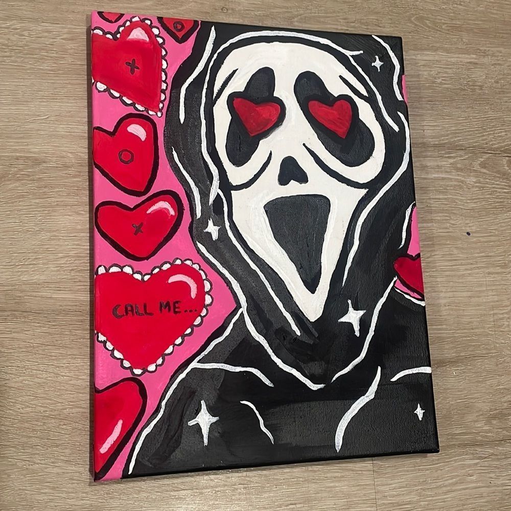 Valentine Reaper "Call Me" Hearts Acrylic Painting by Me, 12" x 9"